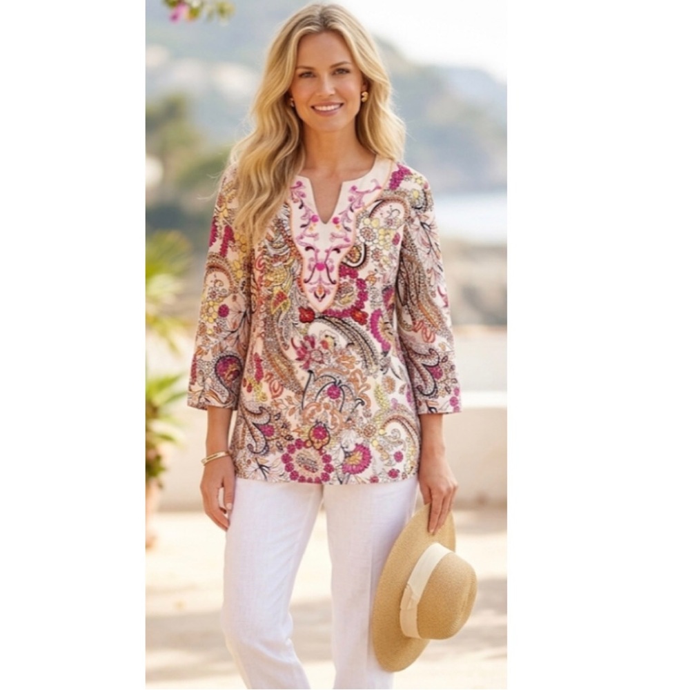 Pappagallo Paisley Floral Print Tunic Top
